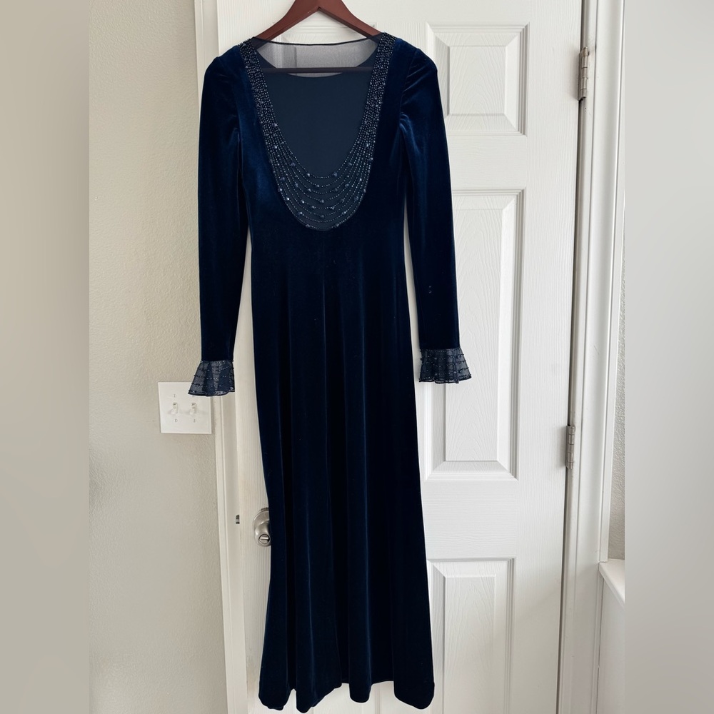 Vintage Dusk midnight blue velvet beaded open back maxi dress